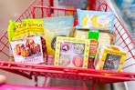 trader joe's groceries in a shopping cart