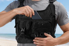 man placing phone into black weighted vest