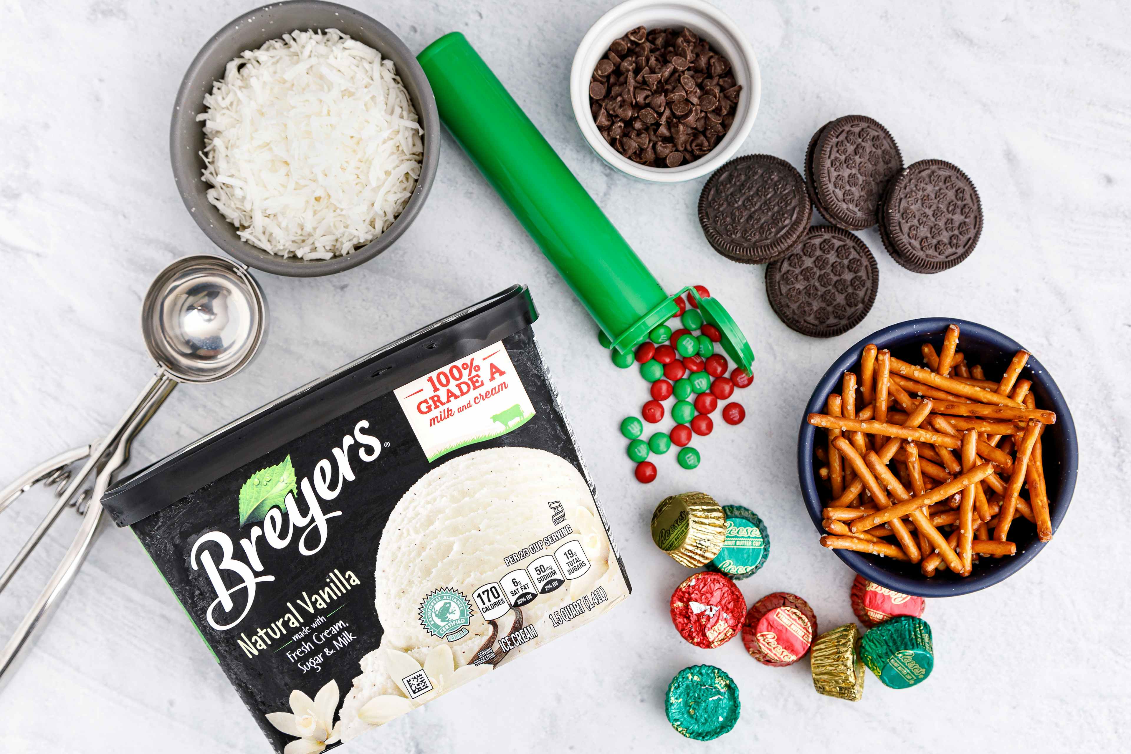 Breyers ice cream and ingredients for making an ice cream snowman