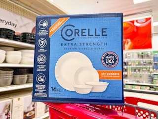 corelle 16-piece dinnerware set sitting on top of a target cart