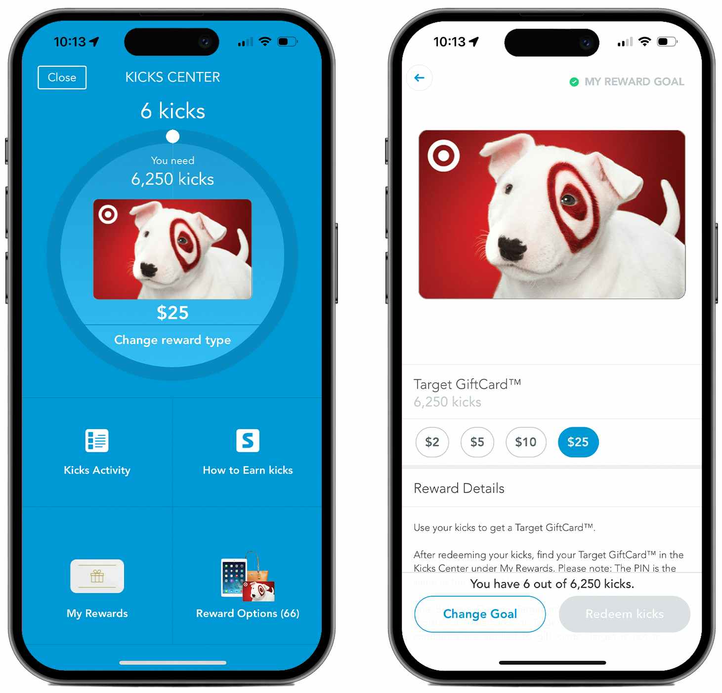 Two phones, one showing the Shopkick rewards main page and the other showing the different levels of gift card rewards for a Target ...