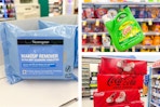 collage image of neutrogena makeup wipes, gain detergent, and coca-cola soda