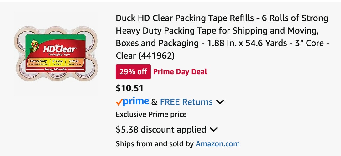 Duck HD Clear tape Amazon receipt