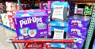 huggies pull-ups plus and cottonelle flushable wipes packages in costco cart