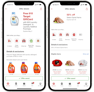 A graphic of two iPhones displaying two different Offers saved on the Target Circle app.