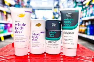 dove and dove men+care total body deodorants in a store aisle