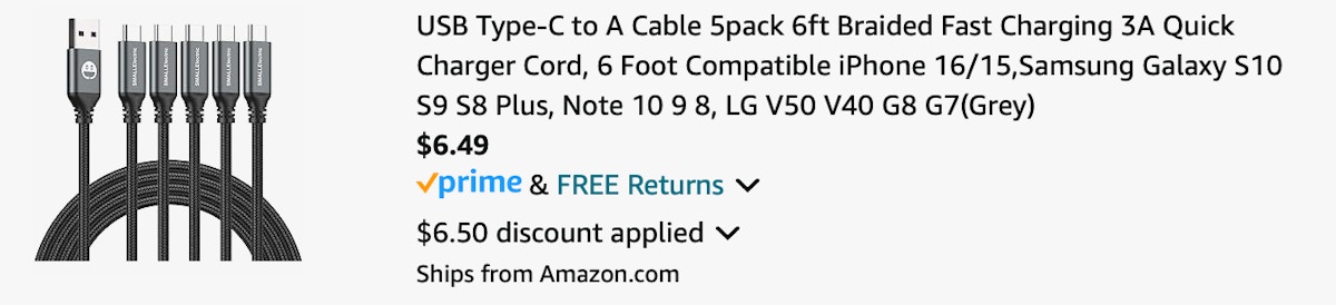 ss SMALLElectric USB Type-C to A Cable 5pack 6ft Braided Fast Charging 3A Quick Charger Cord