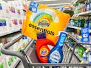 tide detergent, dawn dish soap, and bounty paper towels in walgreens cart