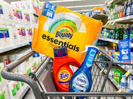 tide detergent, dawn dish soap, and bounty paper towels in walgreens cart