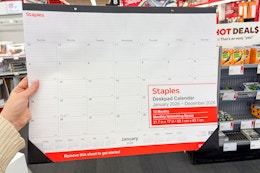 person holding a large desk pad calendar