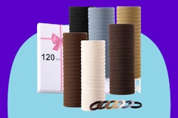 LuSeren 120 Pcs No Damage Hair Ties for Thick Hair on a blue background.
