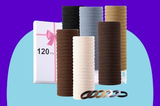 LuSeren 120 Pcs No Damage Hair Ties for Thick Hair on a blue background.