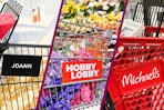 Three photos of hobby lobby, joann, michaels carts
