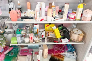 disorganized cosmetic shelves at tjmaxx