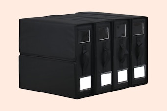 a bed sheet organizer on a pink background