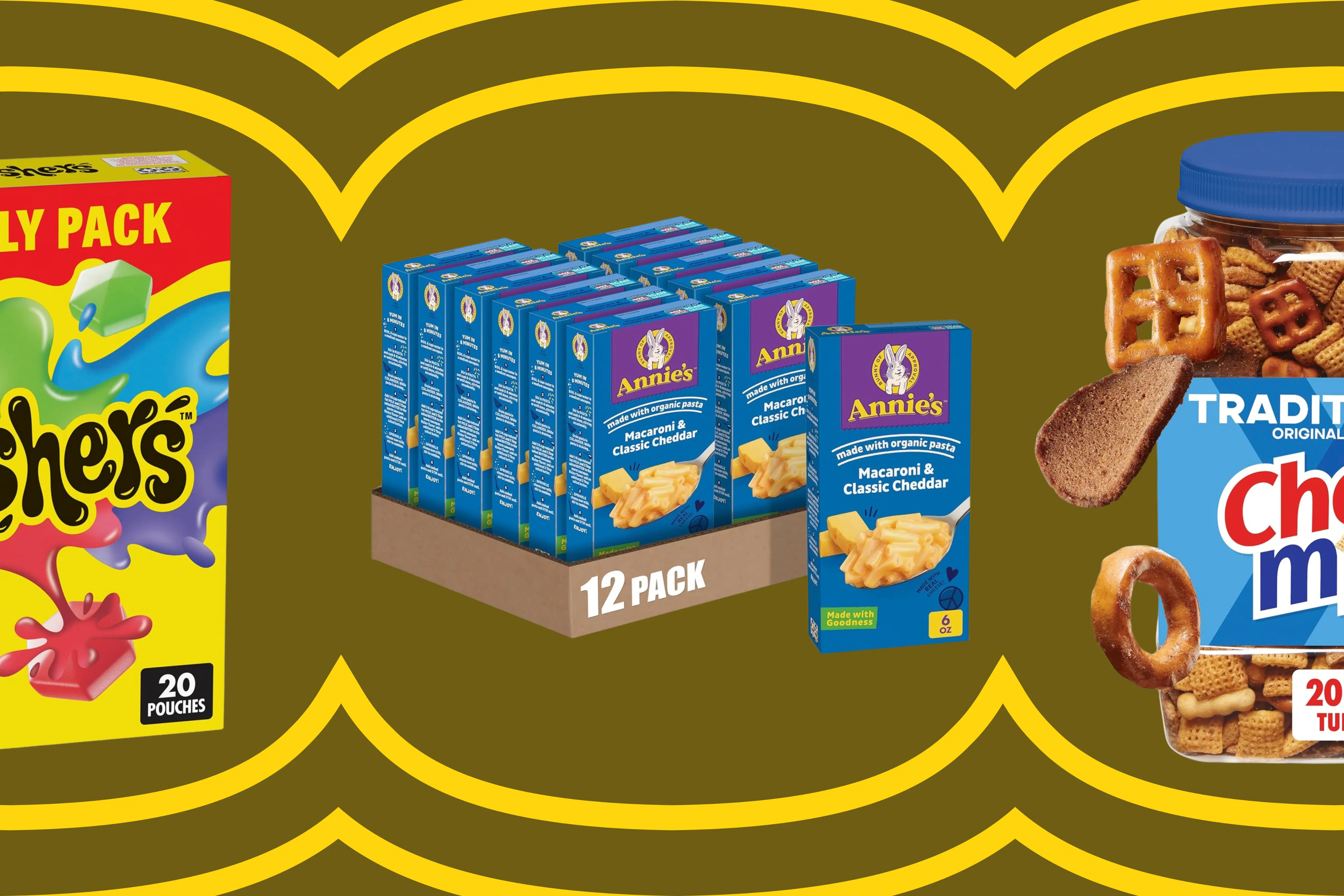 Assorted snack pack featuring Gushers, Chex, Annie's on Amazon