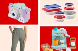 kids' camera, pyrex food storage, women's joggers, fisher-price cafe playset