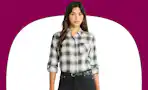 Stock image of model wearing a Time and Tru Cropped Flannel Shirt in gray plaid