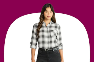 Stock image of model wearing a Time and Tru Cropped Flannel Shirt in gray plaid