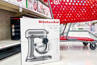 kitchenaid bowl lift stand mixer sitting in front of a target cart