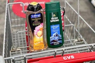 bottle of Softsoap and Irish Spring body wash in CVS cart