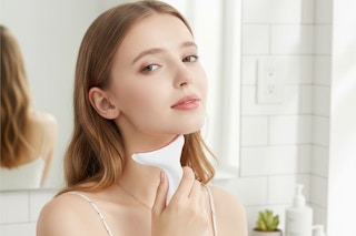 a woman holding a facial massager