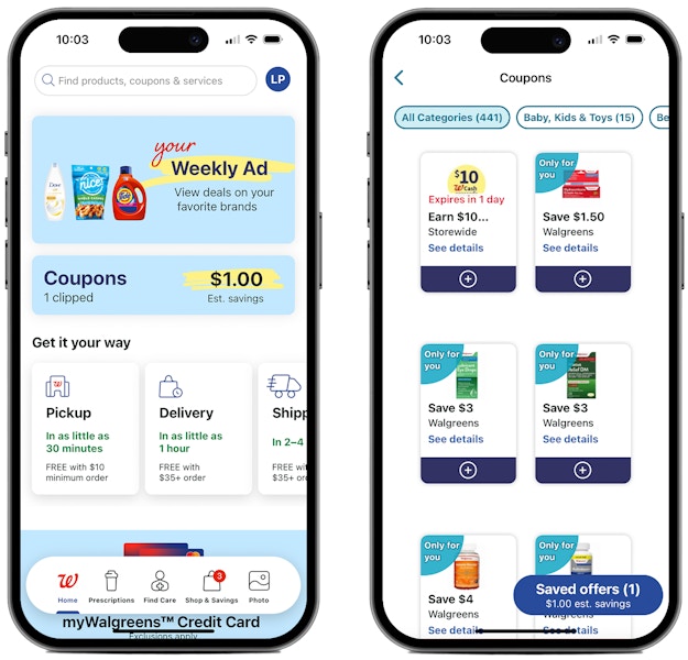 Two phones showing coupons on the Walgreens app