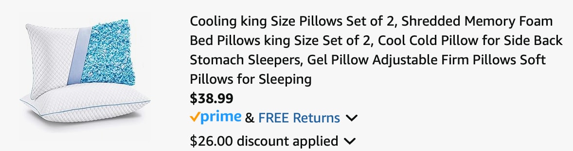 king-sized cooling pillows Amazon receipt