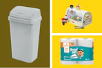 white Sterilite trash can, Melissa & Doug ice cream playset, and Angel Soft toilet paper