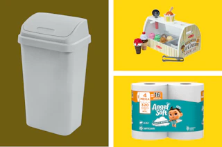 white Sterilite trash can, Melissa & Doug ice cream playset, and Angel Soft toilet paper
