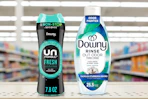 downy unstoppables and fabric rinse on a shelf