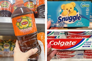 lipton iced tea, snuggle dryer sheets, and colgate toothpaste 3-photo collage
