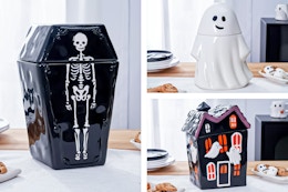 3 lifestyle images of the Way to Celebrate Halloween Cookie Jars: Coffin, Ghost & Haunted House