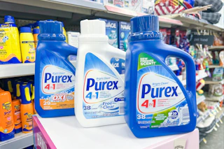 three bottles of purex laundry detergent
