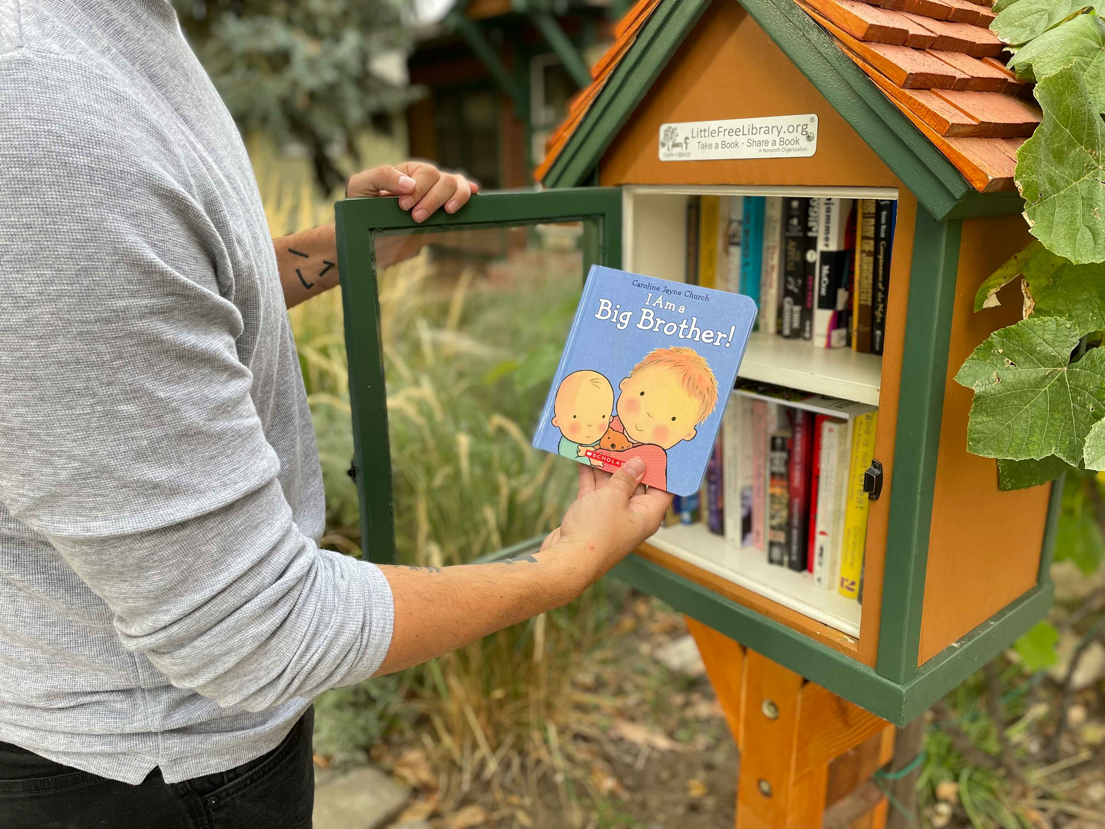 Man looking at children's book pulled from a Little Free Library book box