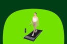 A young woman in a white tank top and beige leggings walks on a walking pad treadmill holding the remote, which also appears next to her.