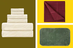 towels, a bath rug, and sheet in a collage