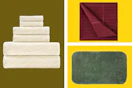 towels, a bath rug, and sheet in a collage
