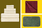 towels, a bath rug, and sheet in a collage
