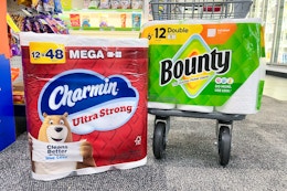 charmin and bonuty packs and a shopping cart