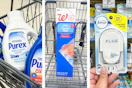 collage image of purex detergent, walgreens food storage bags, and febreze plug in warmer