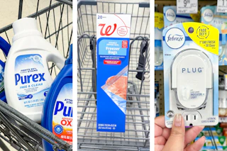 collage image of purex detergent, walgreens food storage bags, and febreze plug in warmer