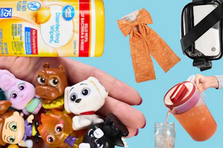 Toys, disinfecting wipes, Rubbermaid pitcher, hair bow and a clear fanny pack