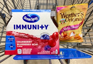 ocean spray drink and werthers caramels in walmart cart