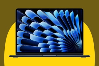 Apple 2025 MacBook Air 13-inch Laptop with M4 chip on a yellow background.