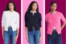 white, navy, and pink cardigan
