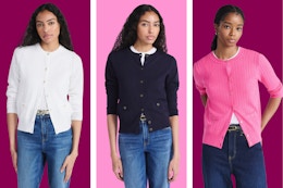 white, navy, and pink cardigan