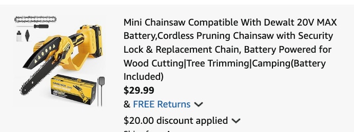 mini chainsaw Amazon receipt