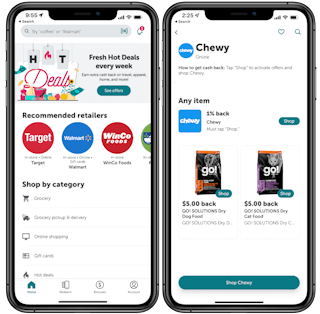 A graphic of two iPhones displaying the ibotta app main page and the Chewy offer page.