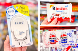 collage with Febreze, Kinder, and Pepsi products